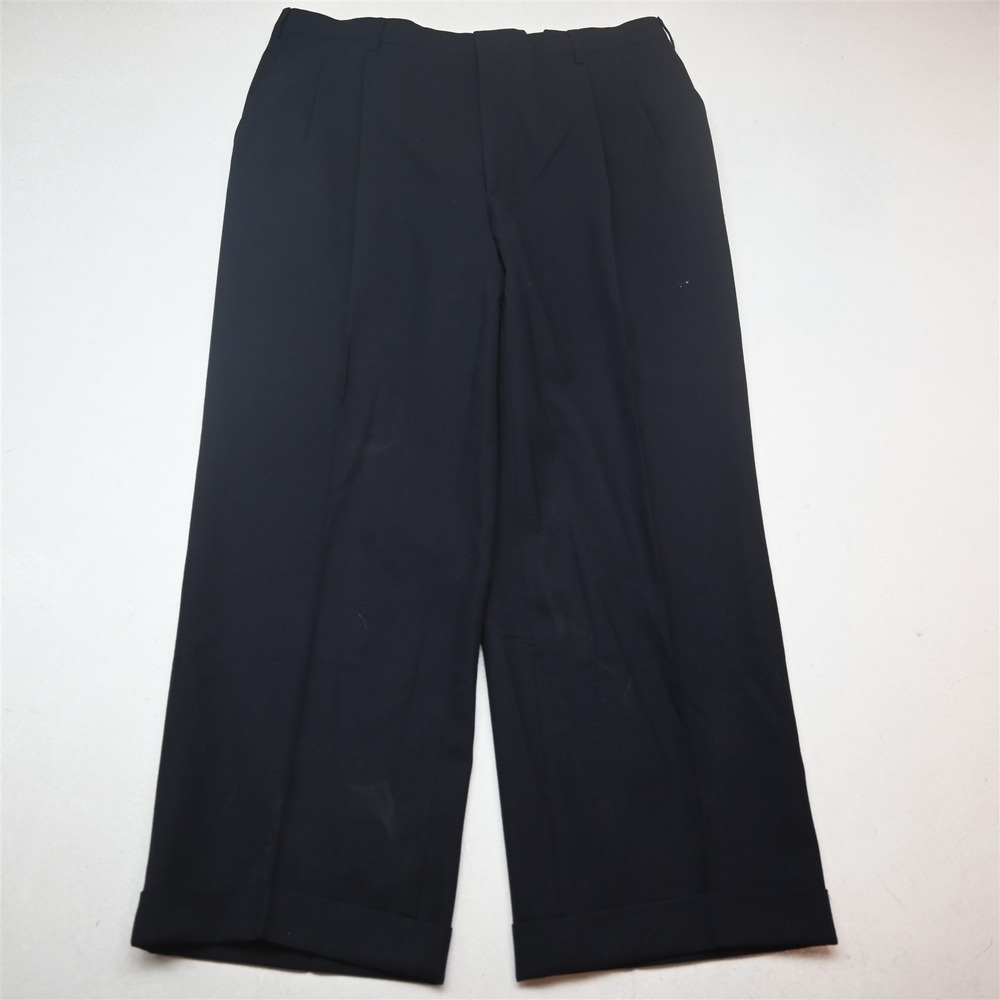 Vtg Bespoke 34x28 Navy Blue 100% Wool Pleated Cuffed High Waist Dress Mens Pants